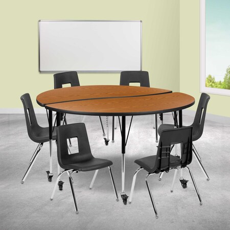 Flash Furniture Mobile 60" Circle Wave Oak Table Set-16" Chairs XU-GRP-16CH-A60-HCIRC-OAK-T-A-CAS-GG